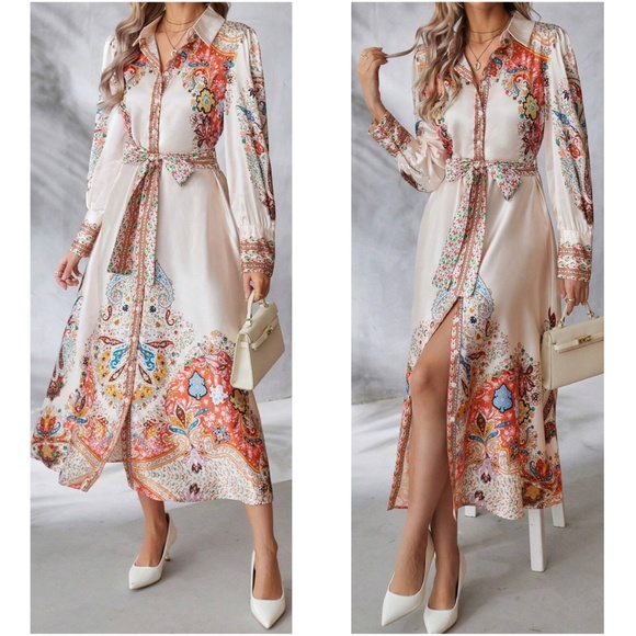 Luxe Satin Floral Print Button Down Belted Long Sleeve Dress - Picture 2 of 9